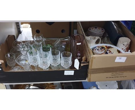Quantity of glassware, assorted ceramics, a sunburst mirror with painted wood frame, a glass clock, display wall cabinet, etc