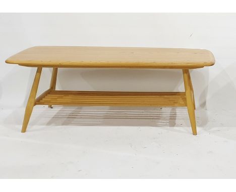 Light elm Ercol coffee table with oblong top, beech supports and beech undertier, top 103.5cm x 46cm  probably contemporary n