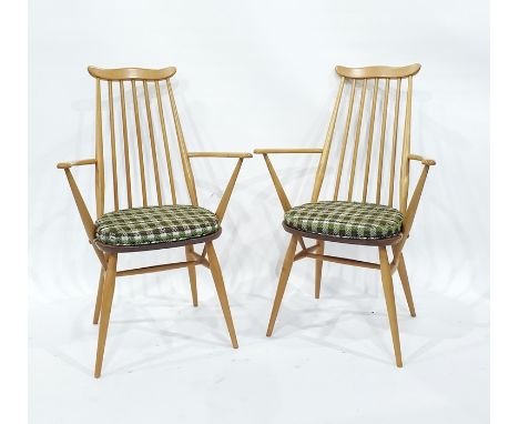 Two elm seated Ercol stick back carver chairs with beech frames (2)