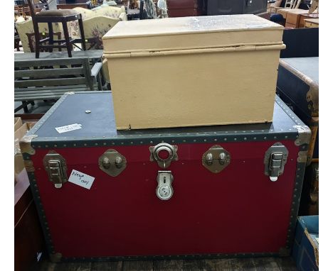 Large canvas and metal travelling trunk and a painted tin trunk (2) 