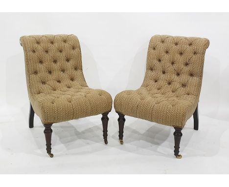 Pair Victorian button upholstered scroll back easy armless chairs on front turned tapering stump supports and castors (2) 