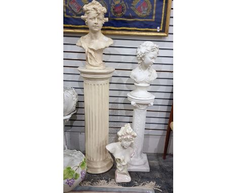 Ceramic fluted column plinth bearing the bust of a woman, Grecian style, a white ceramic plinth with the bust of a woman with