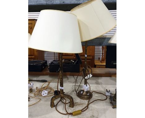 Two modern table lamps, brass lamp in form of bamboo stick with circular base and further lamp with square body on tripod bas