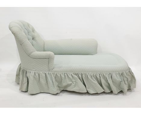 Victorian style button-upholstered chaise longue with loose cushion and on end turned tapering supports, all in aqua sprigged