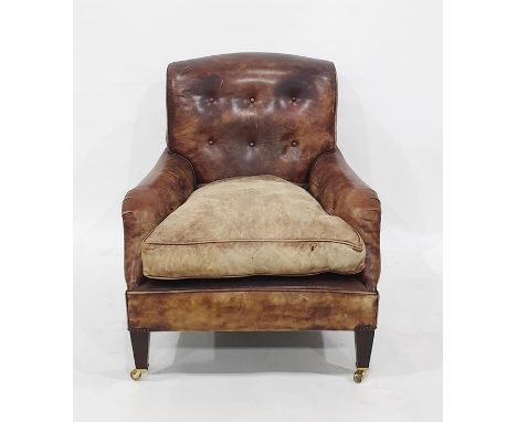 Howard &amp; Sons, Berners Street, London style brown hide square-back armchair, button upholstered, on mahogany tapering stu