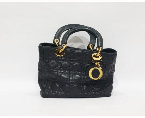 Christian Dior 'Lady Dior' navy blue 'Cannage' quilted lambskin leather handbag with gilt coloured hardware and initial charm