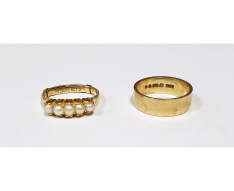 9ct gold and 5-pearl ring and a 9ct gold broad wedding ring, approx. 6g gross (2)