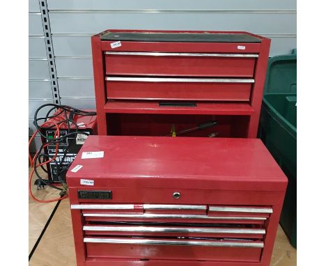 Two mechanics tool cabinets and contents including various allen keys, spanners, sockets, a Clark BC120E start and charge and