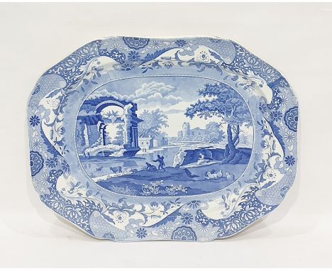 19th century Spode large earthenware meat dish, oblong with canted corners and underglaze blue printed decoration of ruined c