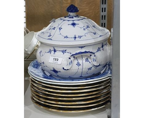 Royal Copenhagen tureen with lid, pair of Spode blue and white plates and seven Victorian dessert plates (10) Condition Repor