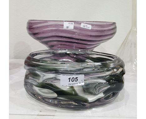 Grey and clear studio glass bowl, circular and shaped and an amethyst wavy-line ribbed bowl with pyriform body and on circula