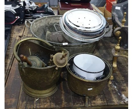 Large vintage galvanized bucket, various vintage enamel bowls, a vintage mincer marked 'Made in England 91', a coal scuttle, 