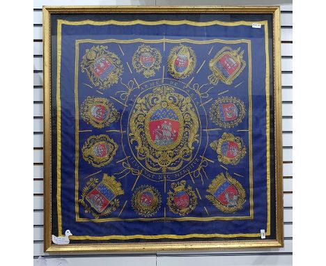 Hermes silk scarf 'Les Armes de Paris', royal blue ground, designed 1954 by Hugo Grygkar, the whole within a gilt and glazed 