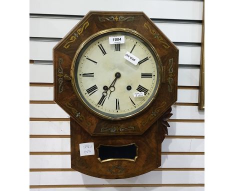 19th century walnut and brass inlaid wall clock with Roman numerals to the dial