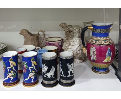 Two various pairs of cylindrical ceramic spill vases with classical figure decoration, a similar Victorian pottery jug with m