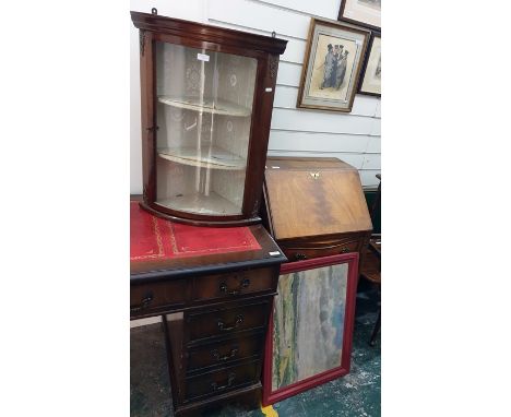 Reproduction mahogany serpentine-fronted bureau with four drawers, bracket feet and a wall hanging bow fronted corner display