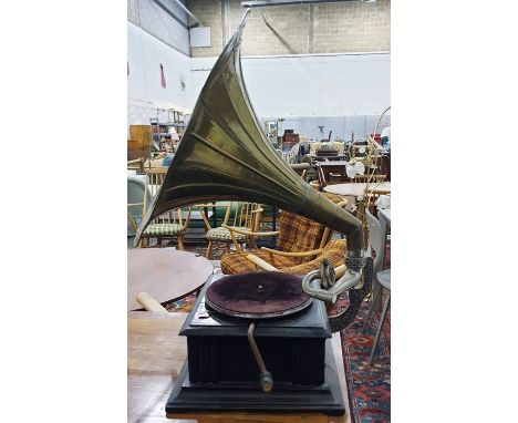 Stained wood 'His Master's Voice' wind-up table-top gramophone player&nbsp;with white metal and brass panelled horn&nbsp;Cond