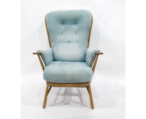 Three light beech framed Ercol buttonback chairs (3) Condition ReportThe webbing seems fine. There are some stains to the cus