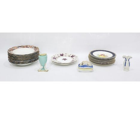 Pair of Victorian porcelain dessert plates with purple vine leaf and gilt scroll borders, a 19th century duck-egg blue small 