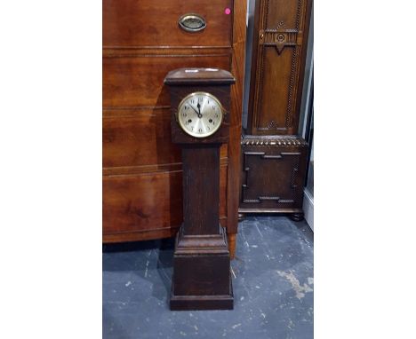 Oak longcase style clock of small proportions with Arabic numerals to the brushed steel dial, 74.5cm high 