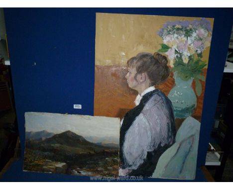 Two unframed Oil paintings to include a portrait of a Lady, three quarter length and a Rugged Mountain Landscape, both unsign