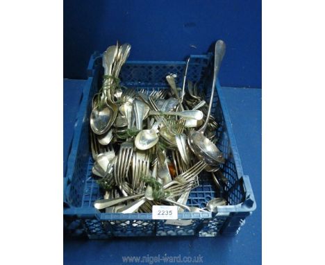 A quantity of EPNS forks and spoons including Christofle, Benares etc plus a large ladle.