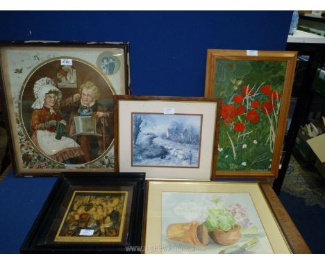 A quantity of pictures to include Oil on board of "Poppies" signed Flora Hughes 1992, watercolour of flowers and a trowel sig