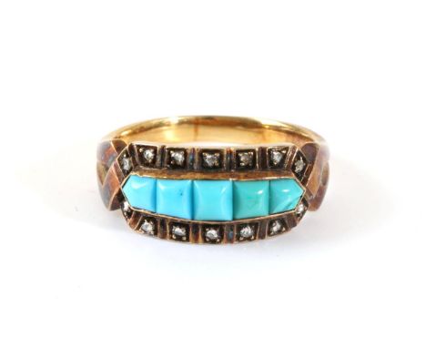 A Late 19th Century Turquoise and Diamond Ring, a row of calibré cut turquoise between rows of single-cut diamonds, to cross 