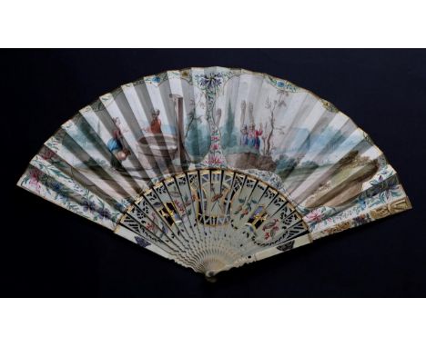 An 18th Century Ivory Fan, with an unusual and elegant carved and pierced, painted and gilded monture, featuring, amongst oth