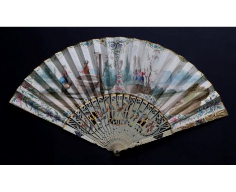 An 18th Century Ivory Fan, with an unusual and elegant carved and pierced, painted and gilded monture, featuring, amongst oth