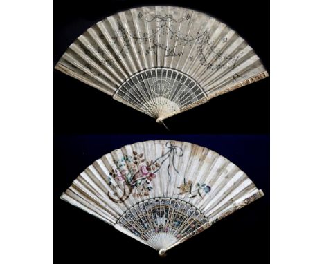 An Early 18th Century Ivory Fan, the monture carved and pierced and painted. The double velum leaf is elegantly painted with 