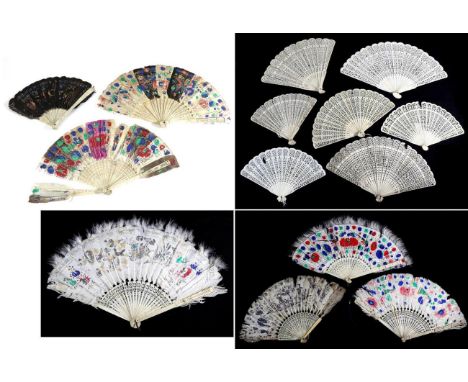 A 19th Century Chinese Carved Bone Fan, Qing Dynasty, the white feathers painted in blue and silver with a scene of Chinese w