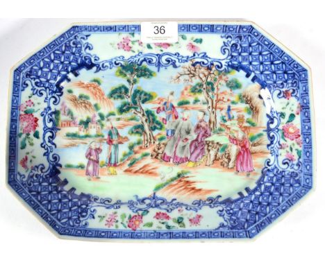 A Chinese Porcelain Platter, Qianlong, of canted rectangular form, painted in famille rose enamels with figures in landscape 