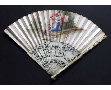 An Early 18th Century Carved and Pierced Ivory Fan, with slender sticks, each guard carved with a female figure, the gorge ca