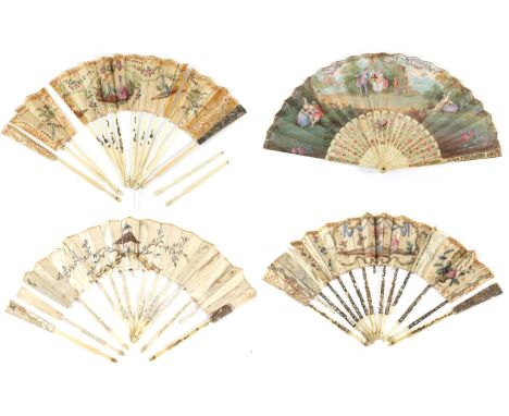 A Mid-18th Century Ivory Fan, French, with classical design to the monture. The double silk leaf is painted with a classical 