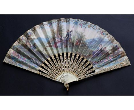 A 19th Century Ivory Fan, the guards and gorge intricately carved and painted in pastel colours, resembling scrolling ribbons