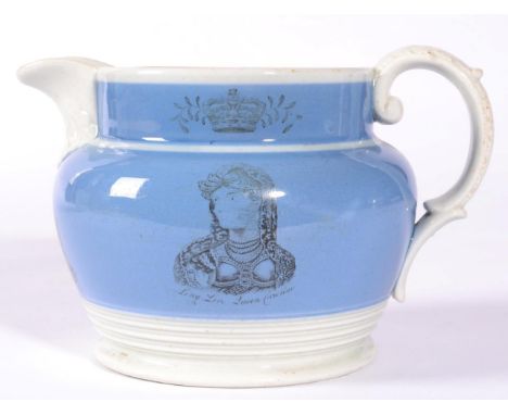 A Pearlware Queen Caroline Jug, circa 1820, printed with a bust portrait wearing a mantilla on a blue ground, inscribed LONG 