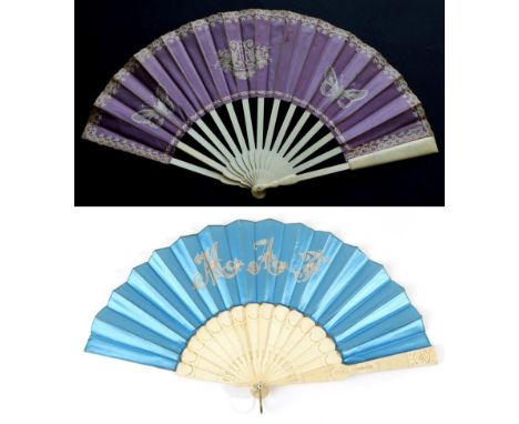 A 19th Century Telescopic Ivory Fan, the guards plain, the gorge sticks plain but shaped, mounted with a lilac silk leaf to t