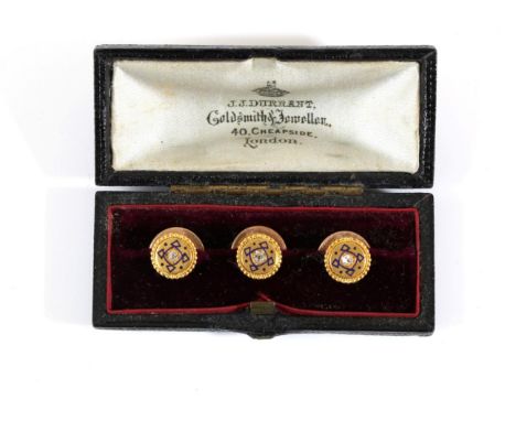 A Set of Three Diamond and Enamel Dress Studs, circular heads inset with an old cut diamond and blue enamel decoration, withi