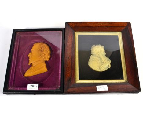 English School, 19th century: A Wax Relief Bust Portrait of Benjamin Disraeli, 15cm high, in a glazed ebonised frame; and One