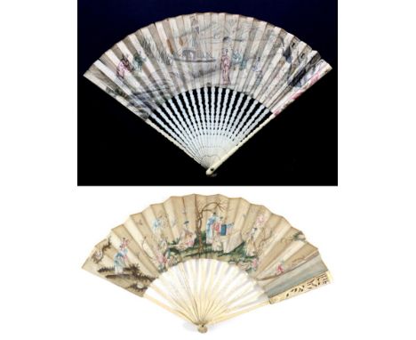 An Early 18th Century Printed and Lightly Coloured Paper Fan, the ivory monture relatively simple with shaped gorge sticks an