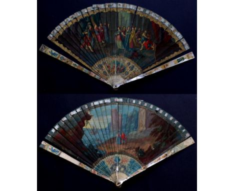 The Queen of Sheba Visits King Solomon: A Fine and Early 18th Century Painted Ivory Brisé Fan, with the addition of tortoises