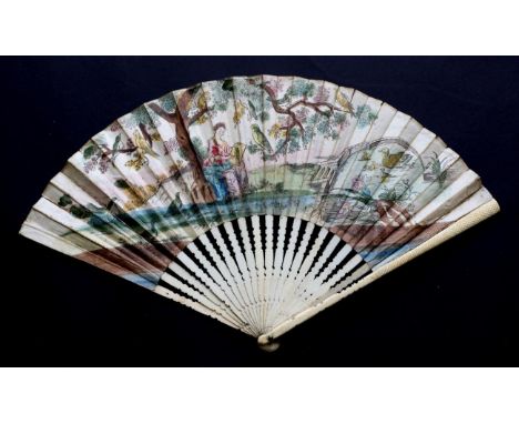 An Early 18th Century Printed and Hand-Coloured Fan, the bone monture carved quite lightly, the gorge sticks shaped. The doub