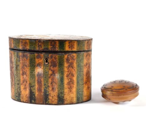 A French Paper Covered Oval Tea Canister, late 18th/early 19th century, printed and painted with a cherub holding a swag insc
