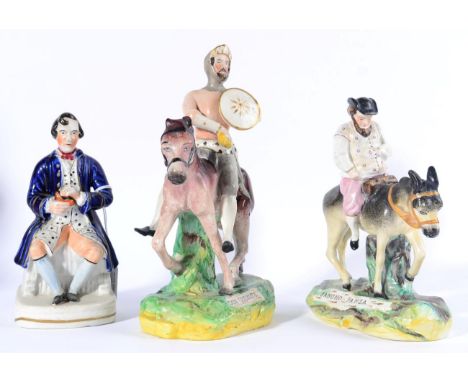 A Pair of Staffordshire Pottery Figures of Don Quixote and Sancho Panza, mid 19th century, each on horseback, on a titled mou