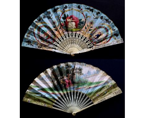 An 1830-40 Fan, with a double paper leaf, brightly coloured to the recto and showing a rather romanticised young lady with de