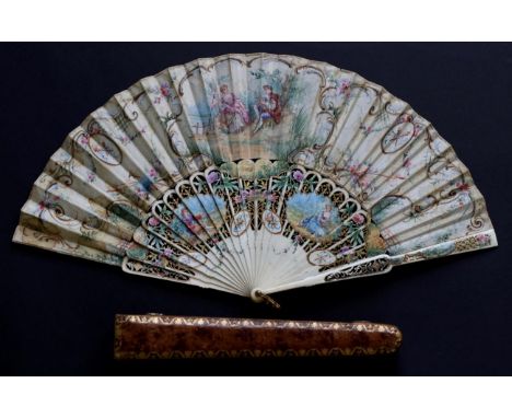 A 19th Century Ivory Fan, the monture carved and pierced and painted in pastel colours to complement the mainly pastel shades