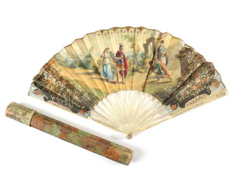 An 18th Century Ivory Fan, the slender monture finely pierced, the gorge with the addition of a carved central cartouche with