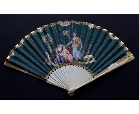 Moses: An Early 18th Century Biblical Fan Leaf, mounted à l'Anglaise on simple ivory sticks, the guards being carved with fig