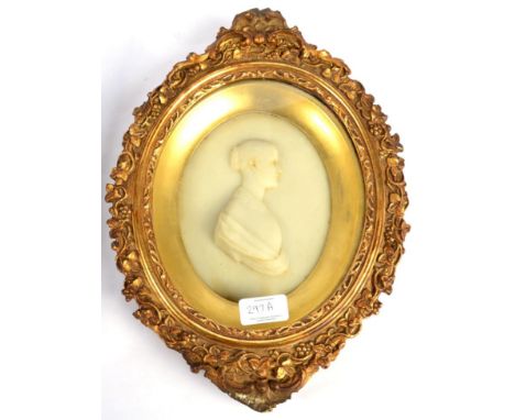 English School, 19th century: A Wax Relief Bust Portrait of a Young Lady, wearing a shawl, oval, 17cm by 13cm, in a glazed gi